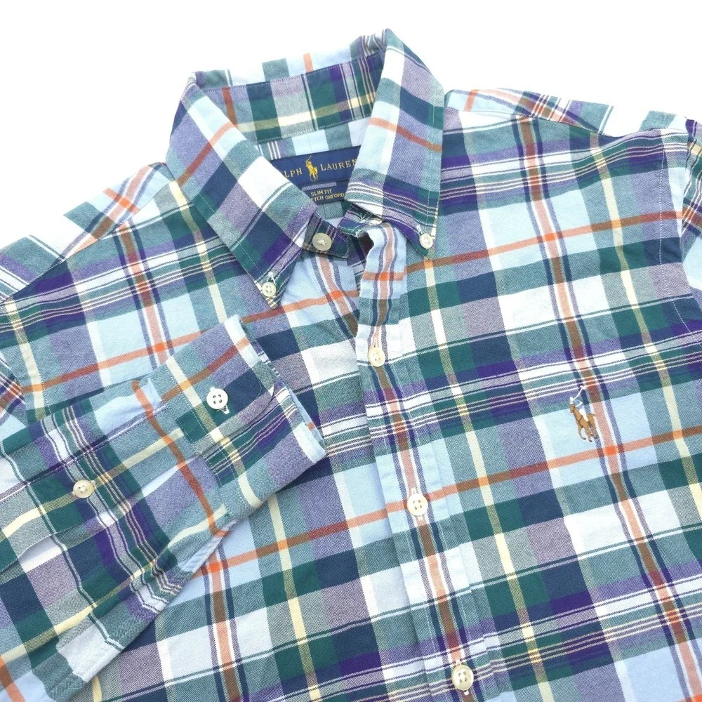Ralph Lauren Men S Slim Fit Stretch Oxford Green Plaid Shirt Button Flesh Pony‎